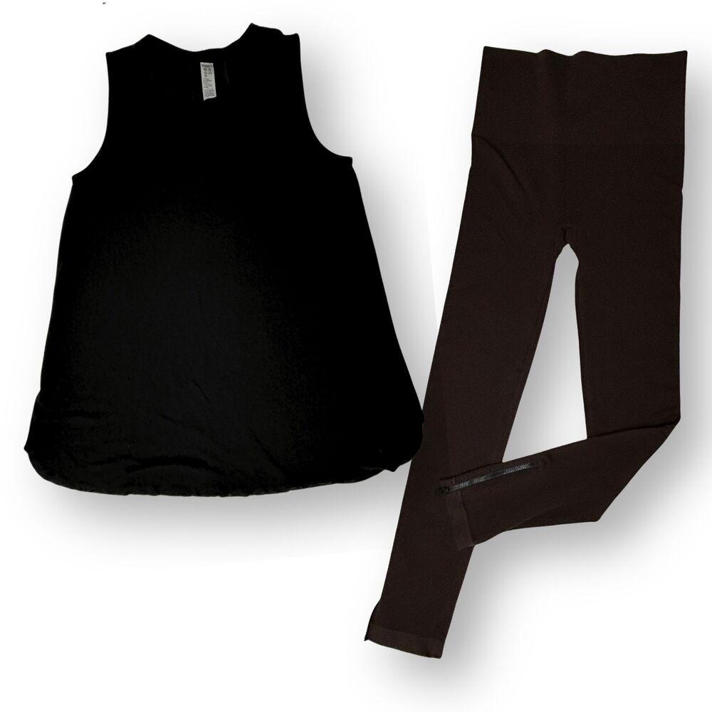 Spanx Set Black Sleeveless Top (M) & Brown Leggings (L) Rayon Blend Ankle Zipper
